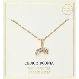 18K Gold Dipped CZ Stone Paved Whale Tale Pendant Necklace
