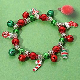 Holiday Motif Jingle Bell Christmas Charm Beaded Stretch Bracelet