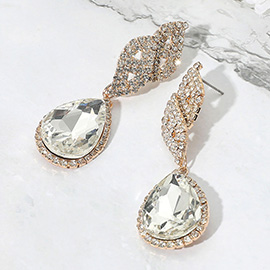 Rhinestone Paved Leaf Teardrop Dangle Evening Earrings