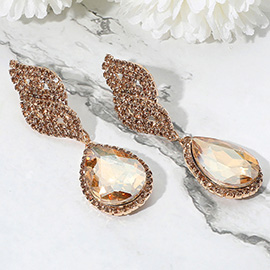 Rhinestone Paved Leaf Teardrop Dangle Evening Earrings