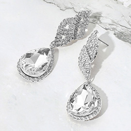 Rhinestone Paved Leaf Teardrop Dangle Evening Earrings