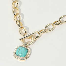 14K Gold Plated Bold Square Turquoise Stone Pendant Toggle Necklace