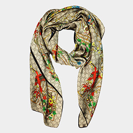 Elegant Floral Print Printed Oblong Silky Satin Scarf Shaw