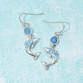 Sea Glass Dolphin Link Drop Dangle Earrings