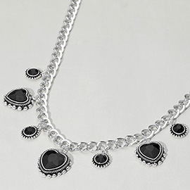 Heart Round Stone Cluster Pendant Station Necklace