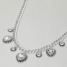 Heart Round Stone Cluster Pendant Station Necklace