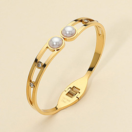 Stainless Steel Pearl Tip Hinged Bangle Bracelet
