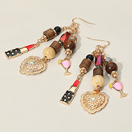 Heart Lipstick Cocktail Glass Charm Drop Multi Beaded Earrings