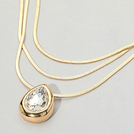 Teardrop Stone Bezel Pendant Accent Triple Herringbone Chain Strand Necklace