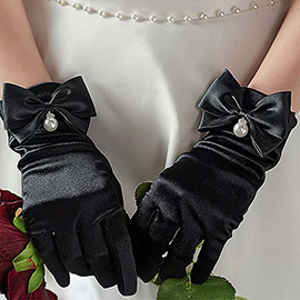 Dressy Satin Feel Pearl Charm Bow Accent Gloves