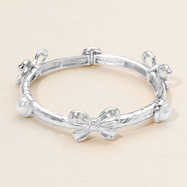 Pearl Metal Bow Accent Stretch Bangle Bracelet