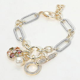 14K Gold Plated Two Tone CZ Stone Embellished Floral Medal Ring Pearl Charm Accent Bracelet