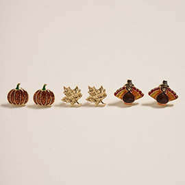 3Pairs - Thanksgiving Pumpkin Leaf Turkey Stud Earring Set