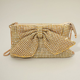 Mesh Bling Rhinestone Bow Accent Evening Clutch Bag / Crossbody Bag