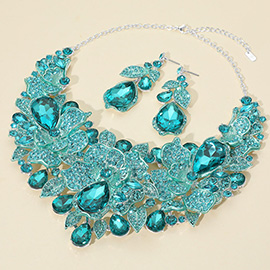 Teardrop Stone Cluster Accent Rhinestone Paved Floral Embellished Collar Statement Evening Necklace