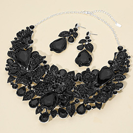 Teardrop Stone Cluster Accent Rhinestone Paved Floral Embellished Collar Statement Evening Necklace