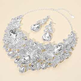 Teardrop Stone Cluster Accent Rhinestone Paved Floral Embellished Collar Statement Evening Necklace