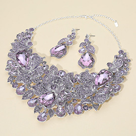 Teardrop Stone Cluster Accent Rhinestone Paved Floral Embellished Collar Statement Evening Necklace
