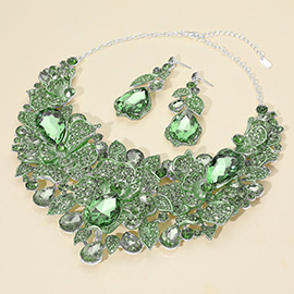Teardrop Stone Cluster Accent Rhinestone Paved Floral Embellished Collar Statement Evening Necklace