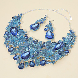 Teardrop Stone Cluster Accent Rhinestone Paved Floral Embellished Collar Statement Evening Necklace