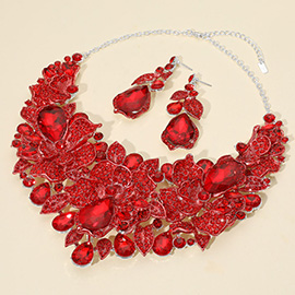 Teardrop Stone Cluster Accent Rhinestone Paved Floral Embellished Collar Statement Evening Necklace