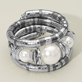 Chunky Pearl Beads Accent Adjustable Coil Wrapped Bracelet