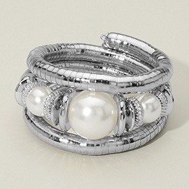 Chunky Pearl Beads Accent Adjustable Coil Wrapped Bracelet