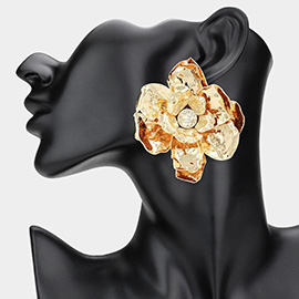Bold Round Stone Center Hammered Metal Flower Earrings