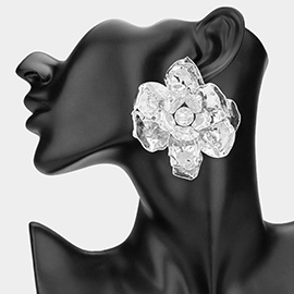 Bold Round Stone Center Hammered Metal Flower Earrings