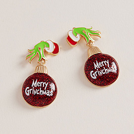 Green Monster Hand MERRY CHRISTMAS Glittered Ornament Dangle Earrings