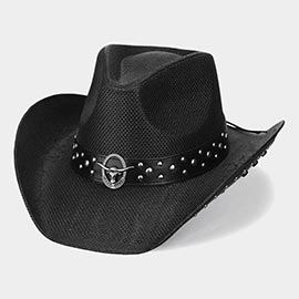 Metal Steer Head Emblem Studded Faux Leather Band Western Straw Cowboy Fedora Hat