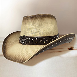 Metal Steer Head Emblem Studded Faux Leather Band Western Straw Cowboy Fedora Hat