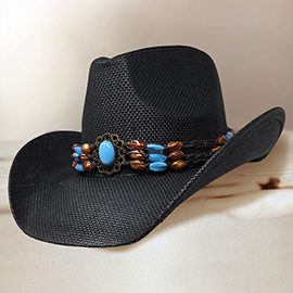 Boho Stone Beaded Band Western Straw Cowboy Fedora Hat
Style No[670576] H