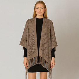 Fringe Open Knit Crochet Draped Shawl Wrap Ruana Poncho