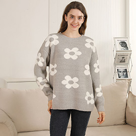 Cozy Daisy Pattern Crew Neck Sweater
