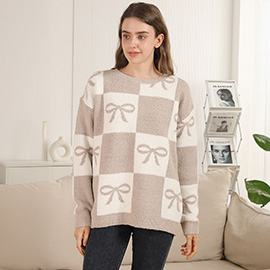 Bow Grid Pattern Crew Neck Sweater