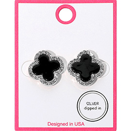 Silver Dipped Rhinestone Rim Quatrefoil Stud Earrings