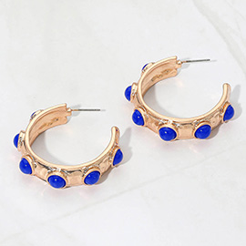 Bead Embellished Hammered Metal Hoop Earrings