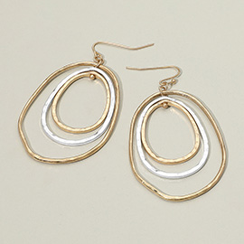 Hammered Worn Metal Layered Oval Dangle Earrings