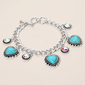 Heart Round Stone Charm Station Toggle Bracelet