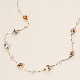 Floral Ceramic Ball Pearl Beaded Station Necklace