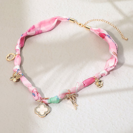 Mother of Pearl Quatrefoil Bow Flower Charm Fabric Necklace