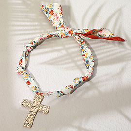 Hammered Metal Cross Charm Fabric Necklace