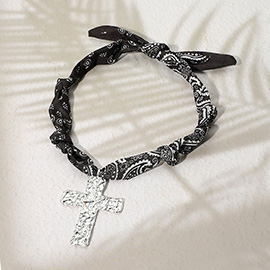 Hammered Metal Cross Charm Fabric Necklace