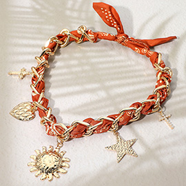 Sun Star Heart Cross Charm Bandana Fabric Chain Necklace