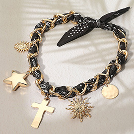 Cross Star Sunburst Medal Charm Bandana Fabric Chain Necklace