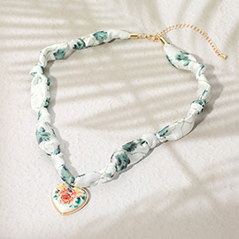 Floral Ceramic Heart Charm Fabric Necklace