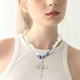 Glass Stone Cluster Cross Charm Fabric Necklace