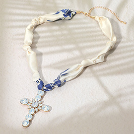 Glass Stone Cluster Cross Charm Fabric Necklace