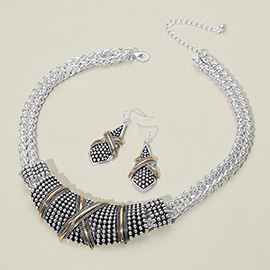 Two Tone Crisscross Accented Textured Abstract Metal Plate Necklace